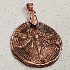 Copper Dragonfly Pendant Embossed Patina Relief Necklace Charm‎ Coin Handmade